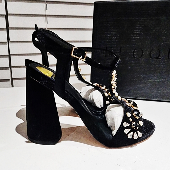 NIB Eloquii T-Strap 4" High Heeled Chucky Heel Velvet Beaded Shoes 10W - Picture 7 of 8